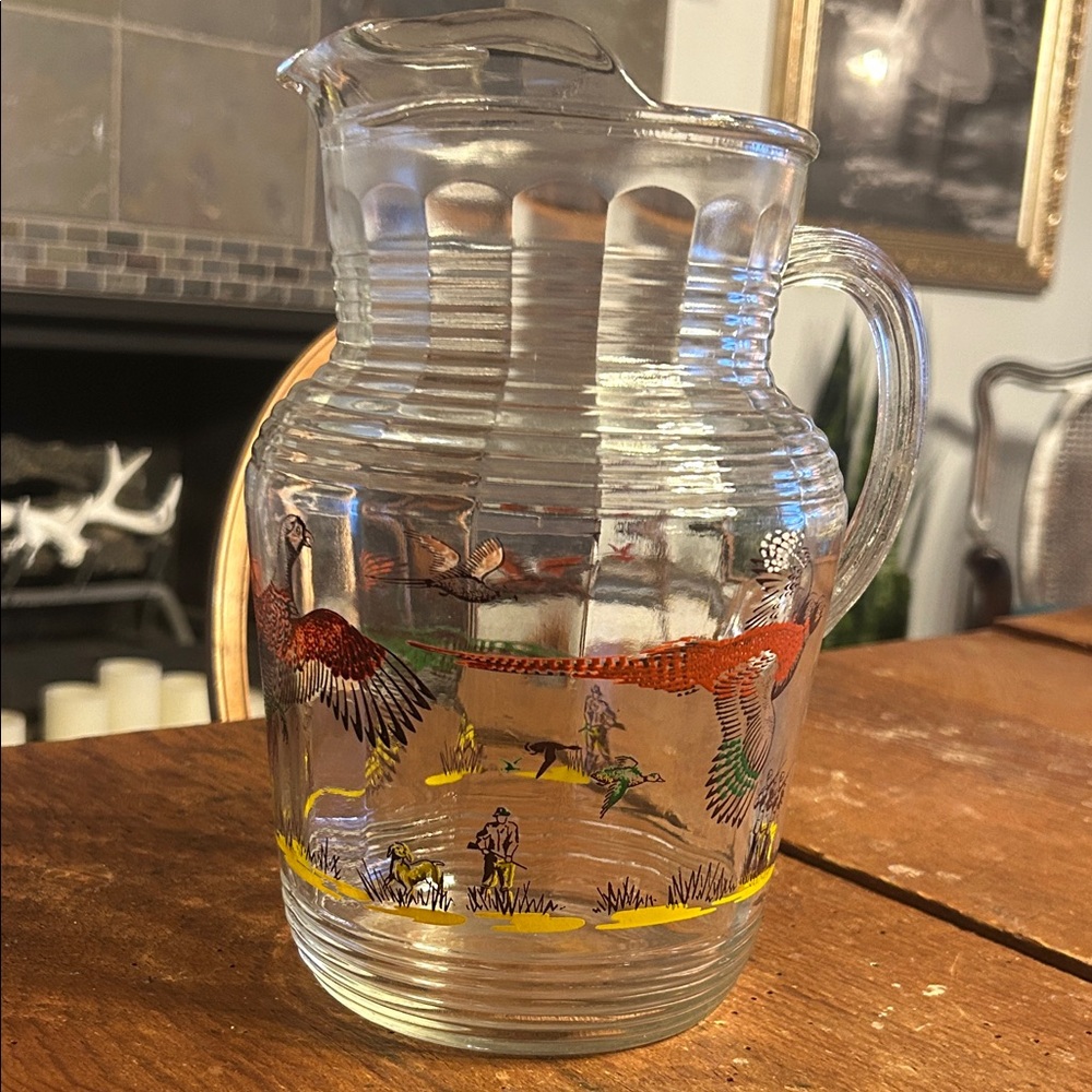 Vintage Glass Pitcher with Pheasant Design